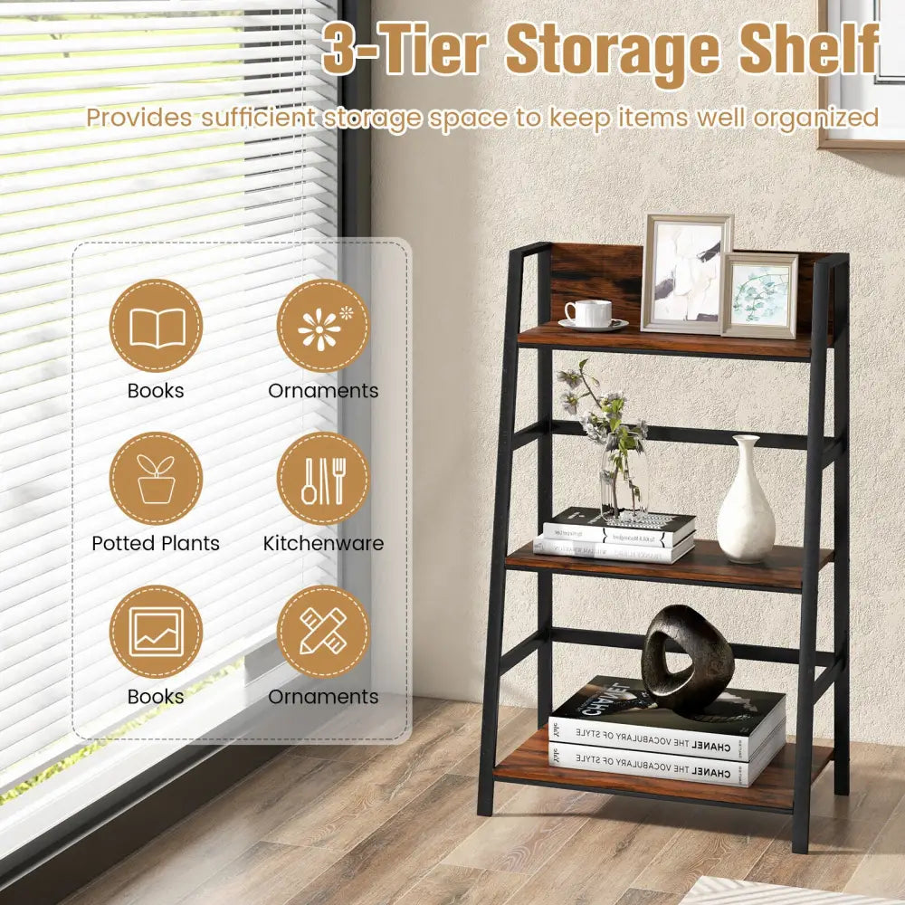 3-Tier Ladder Industrial Bookshelf - Rustic Brown - Bookcases