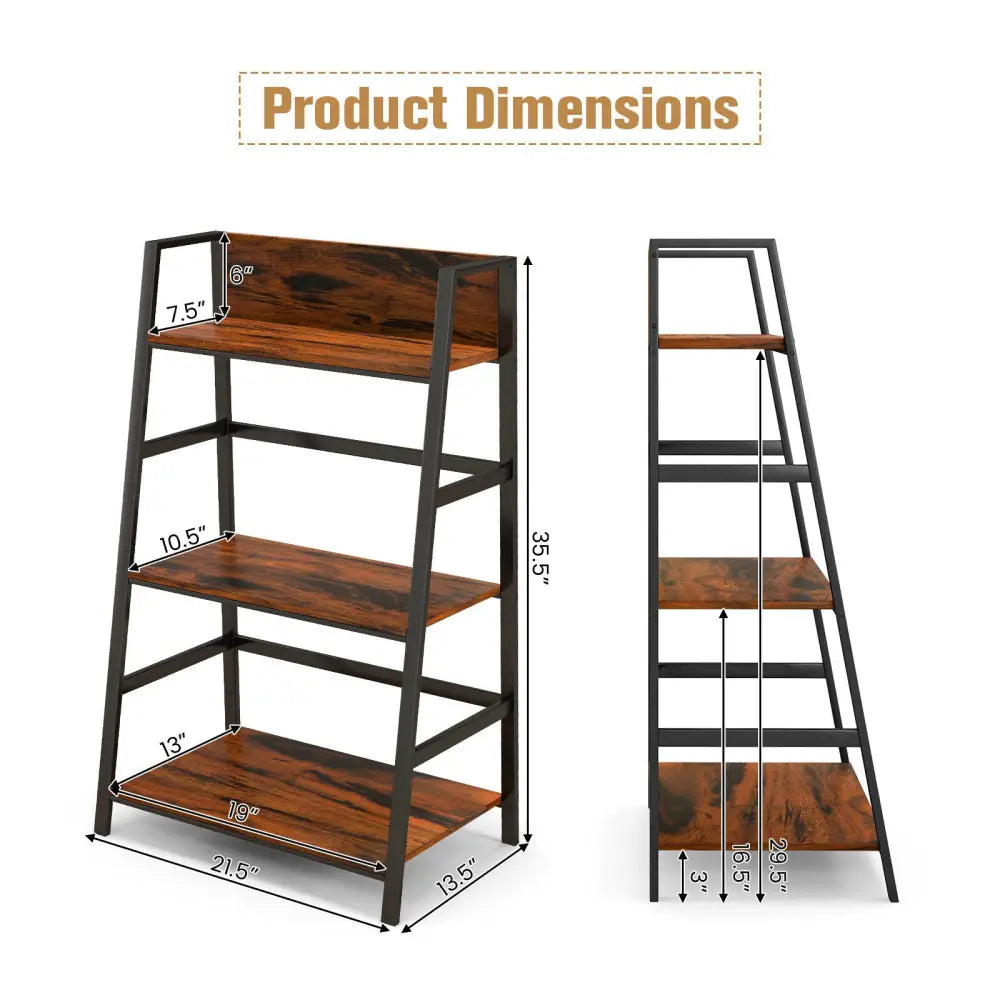 3-Tier Ladder Industrial Bookshelf - Rustic Brown - Bookcases