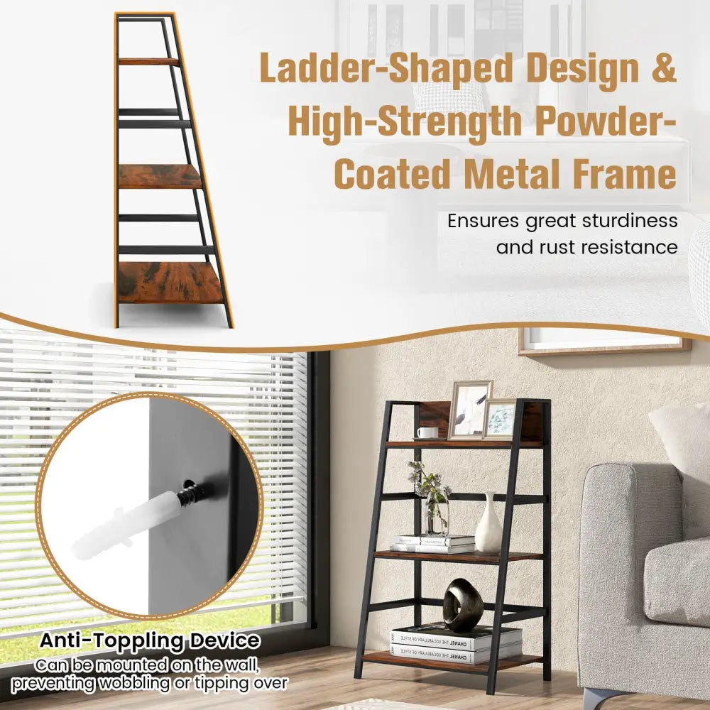 3-Tier Ladder Industrial Bookshelf - Rustic Brown - Bookcases
