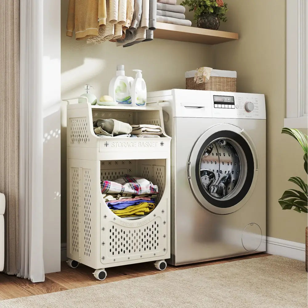 3-Tier Laundry Cart Folding Hamper with Lockable Wheels - Beige - Laundry Baskets