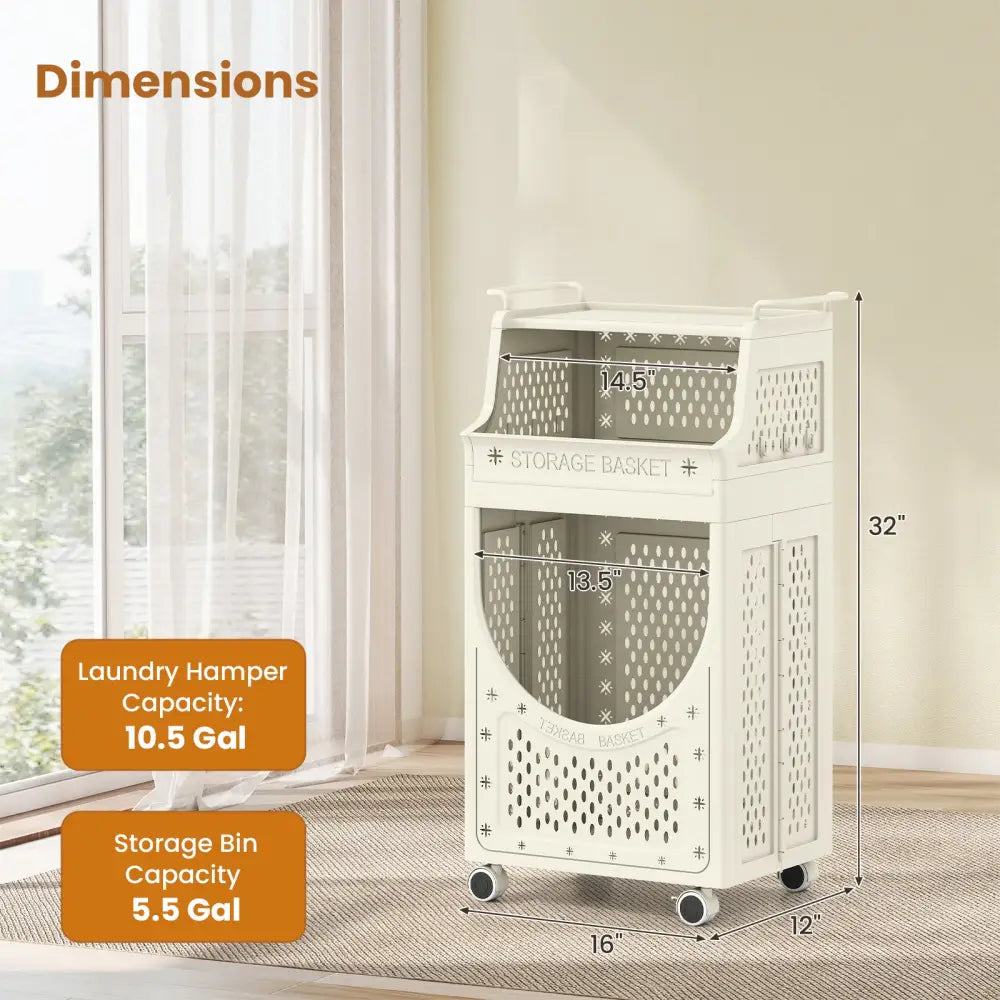 3-Tier Laundry Cart Folding Hamper with Lockable Wheels - Beige - Laundry Baskets