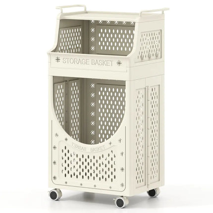 3-Tier Laundry Cart Folding Hamper with Lockable Wheels - Beige - Laundry Baskets
