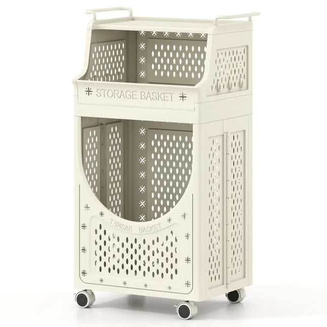 3-Tier Laundry Cart Folding Hamper with Lockable Wheels - Beige - Laundry Baskets