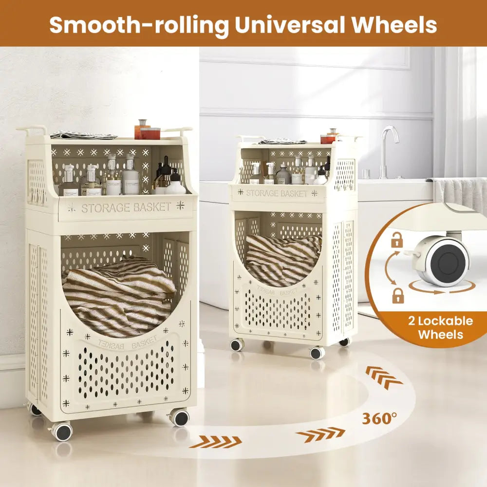 3-Tier Laundry Cart Folding Hamper with Lockable Wheels - Beige - Laundry Baskets