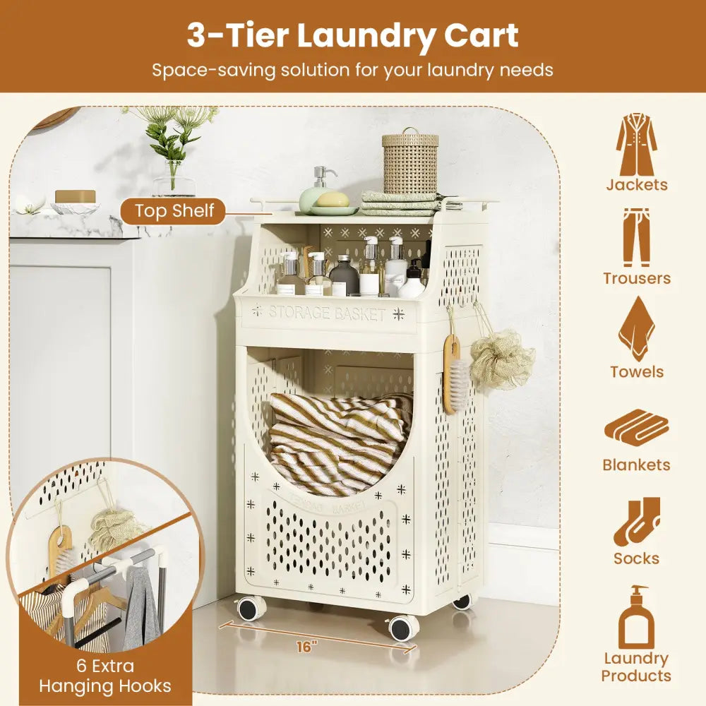 3-Tier Laundry Cart Folding Hamper with Lockable Wheels - Beige - Laundry Baskets