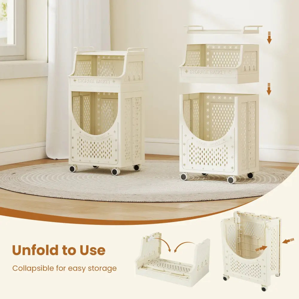 3-Tier Laundry Cart Folding Hamper with Lockable Wheels - Beige - Laundry Baskets