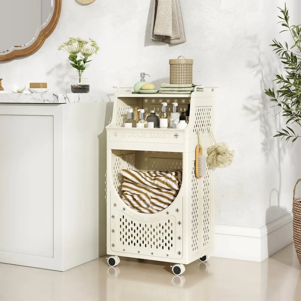 3-Tier Laundry Cart Folding Hamper with Lockable Wheels - Beige - Laundry Baskets