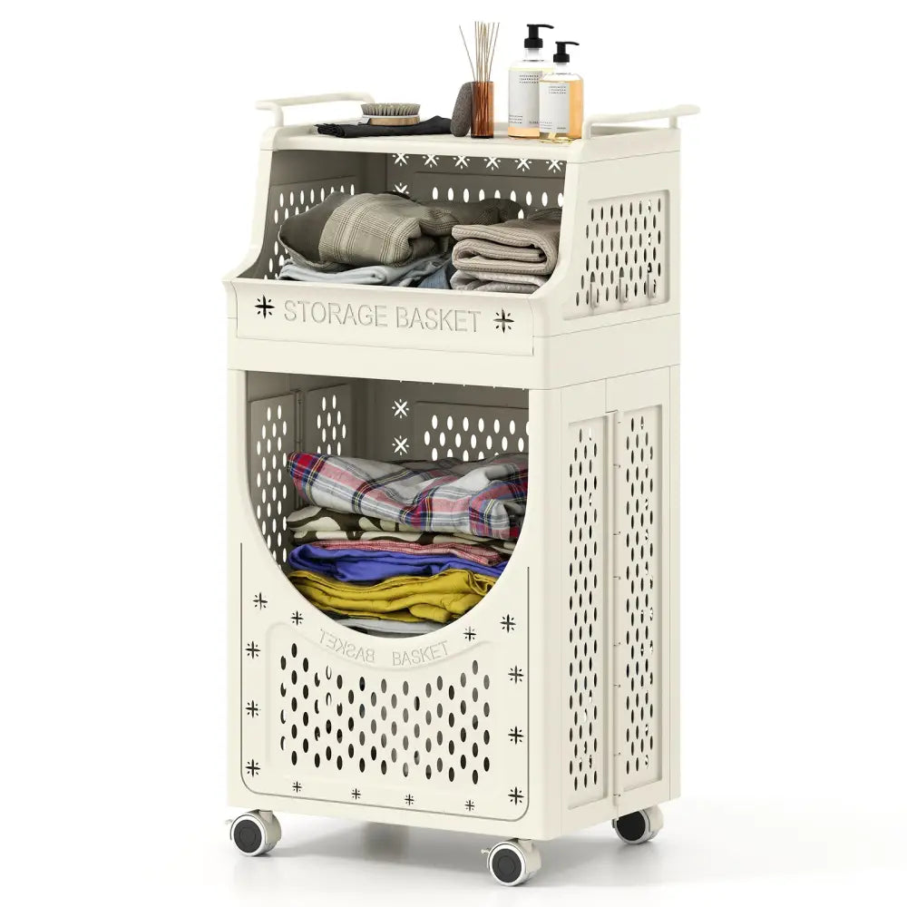 3-Tier Laundry Cart Folding Hamper with Lockable Wheels - Beige - Laundry Baskets