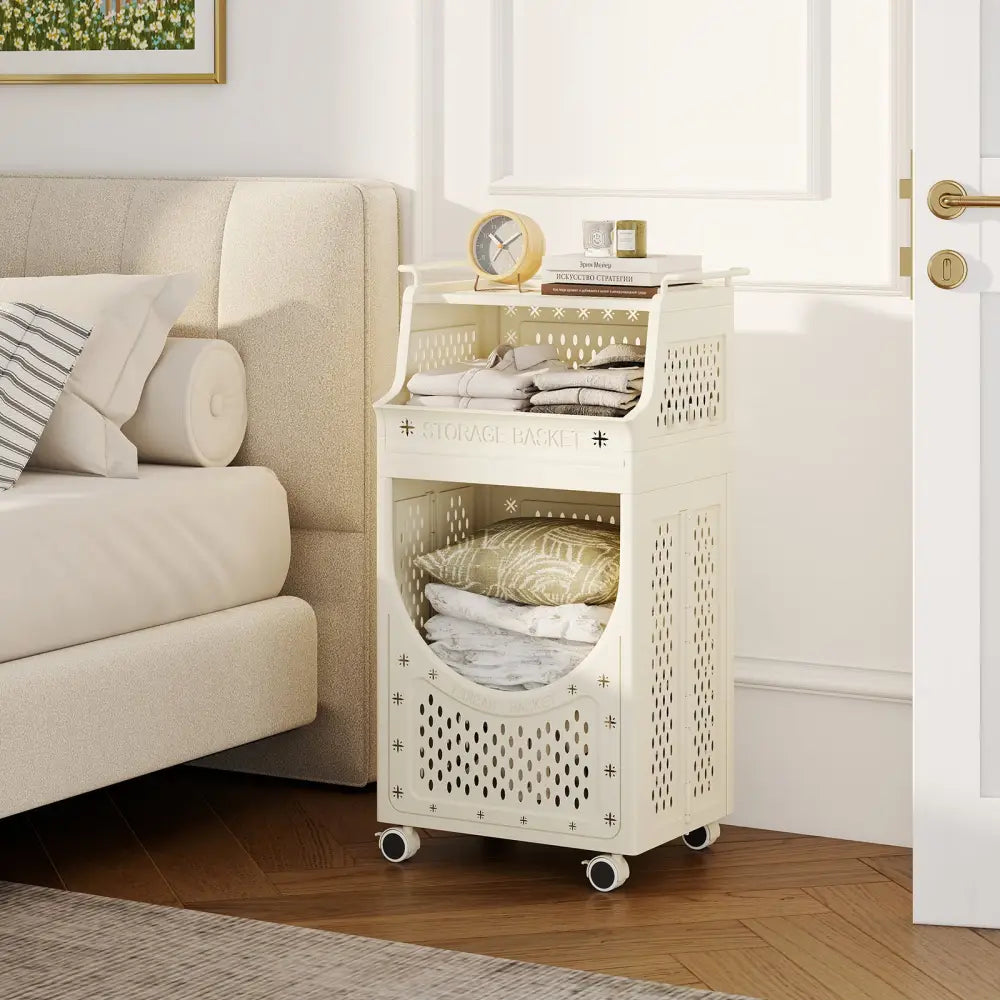 3-Tier Laundry Cart Folding Hamper with Lockable Wheels - Beige - Laundry Baskets