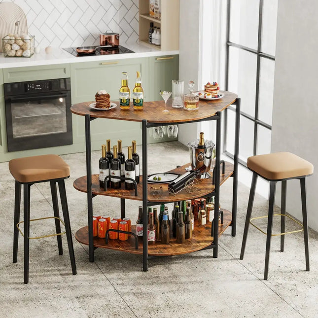 3-Tier Liquor Bar Table with Stemware Racks and Storage Shelves-Rustic Brown Costway