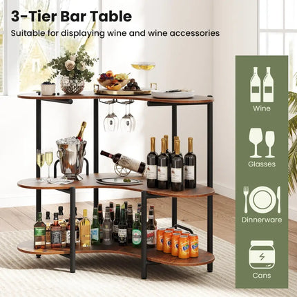 3-Tier Liquor Bar Table with Stemware Racks and Storage Shelves-Rustic Brown Costway