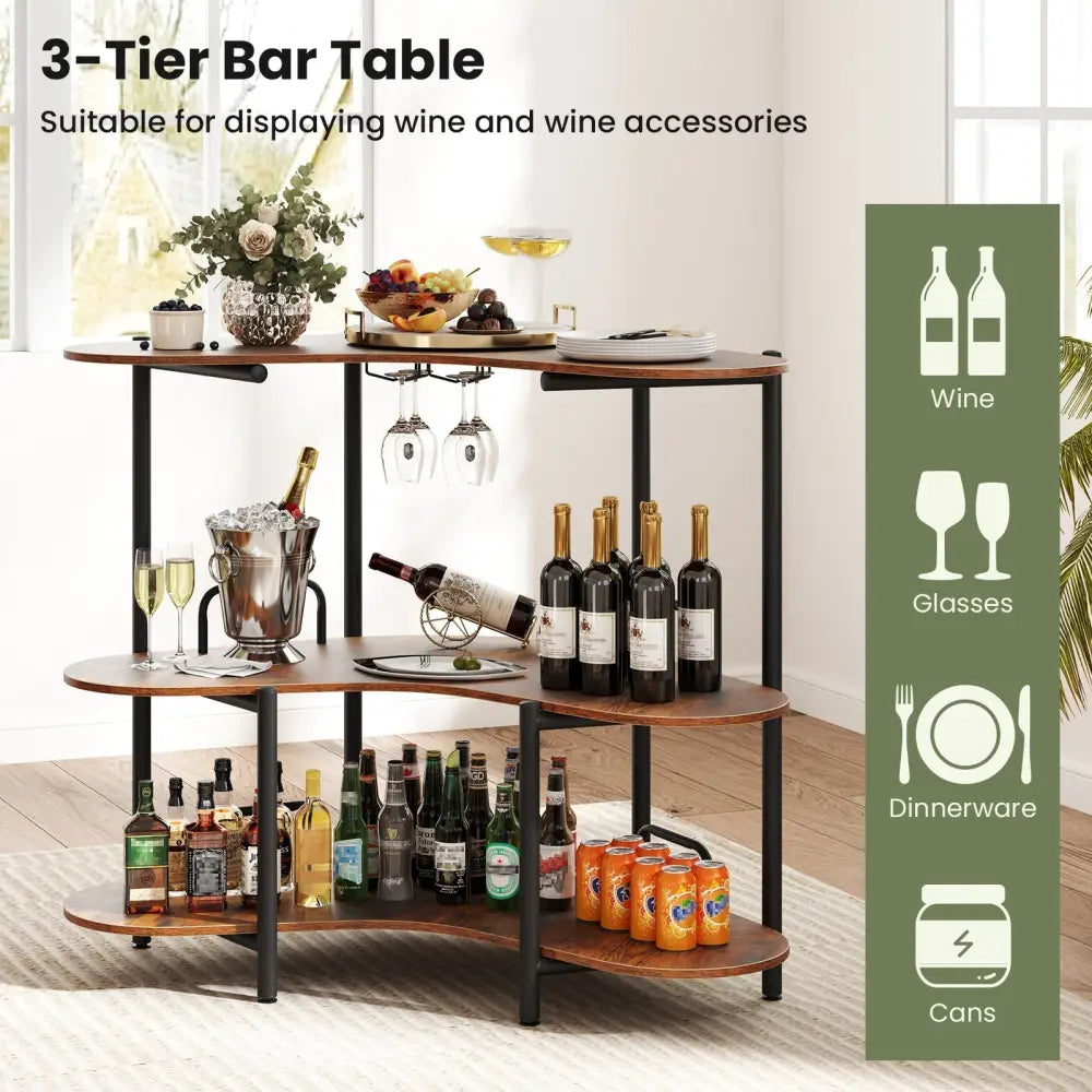 3-Tier Liquor Bar Table with Stemware Racks and Storage Shelves-Rustic Brown Costway