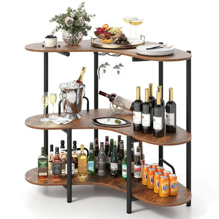 3-Tier Liquor Bar Table with Stemware Racks and Storage Shelves-Rustic Brown Costway
