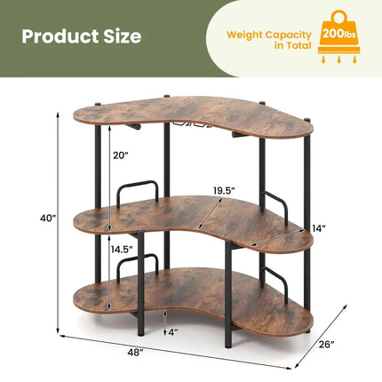 3-Tier Liquor Bar Table with Stemware Racks and Storage Shelves-Rustic Brown Costway