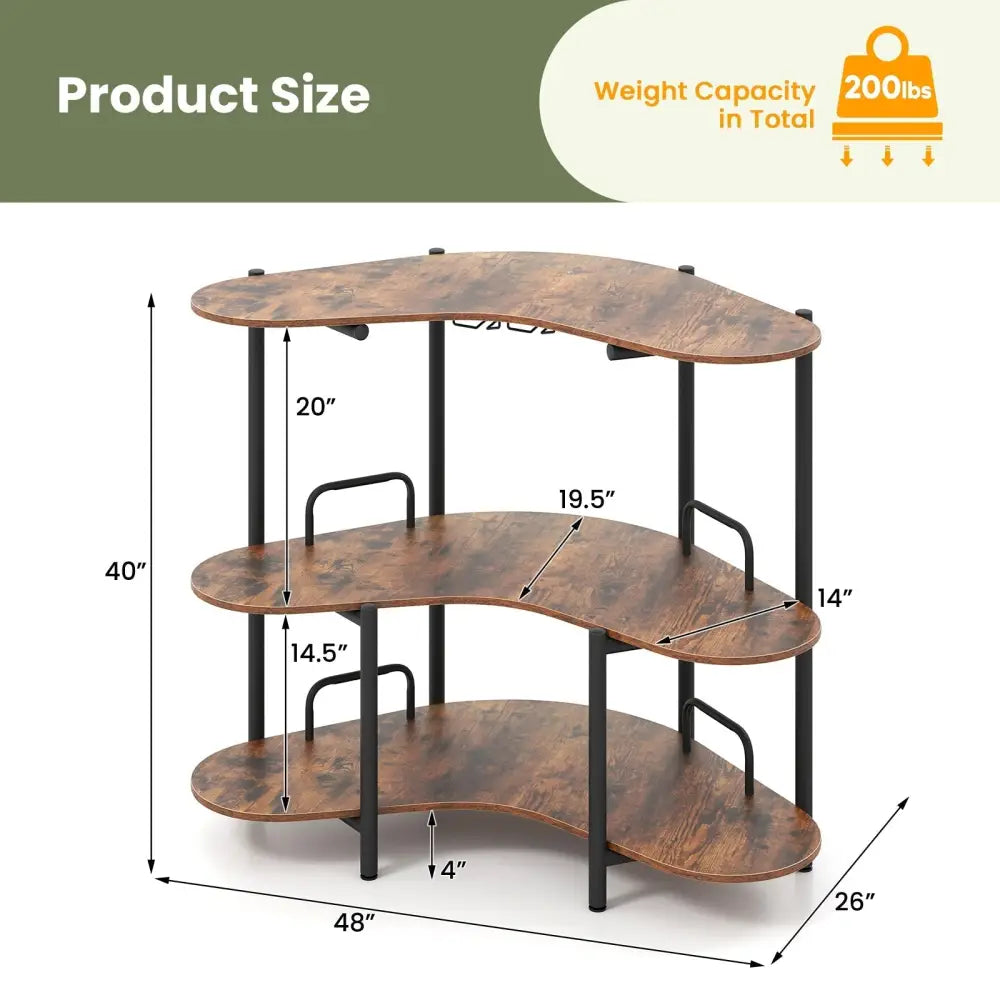 3-Tier Liquor Bar Table with Stemware Racks and Storage Shelves-Rustic Brown Costway