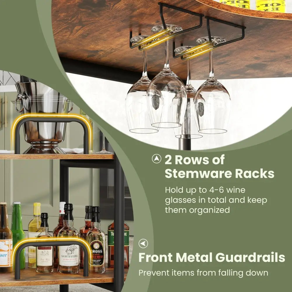 3-Tier Liquor Bar Table with Stemware Racks and Storage Shelves-Rustic Brown Costway