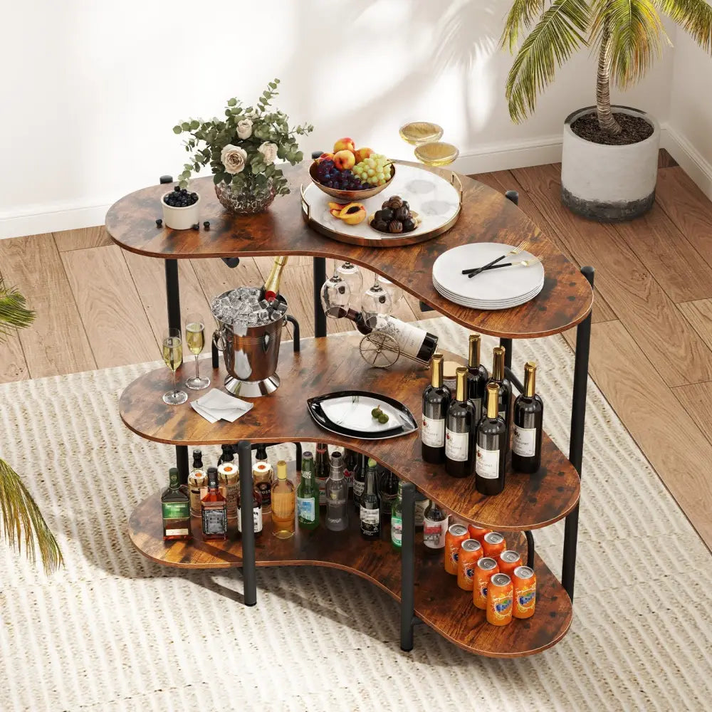 3-Tier Liquor Bar Table with Stemware Racks and Storage Shelves-Rustic Brown Costway