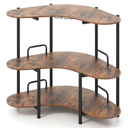 3-Tier Liquor Bar Table with Stemware Racks and Storage Shelves-Rustic Brown Costway