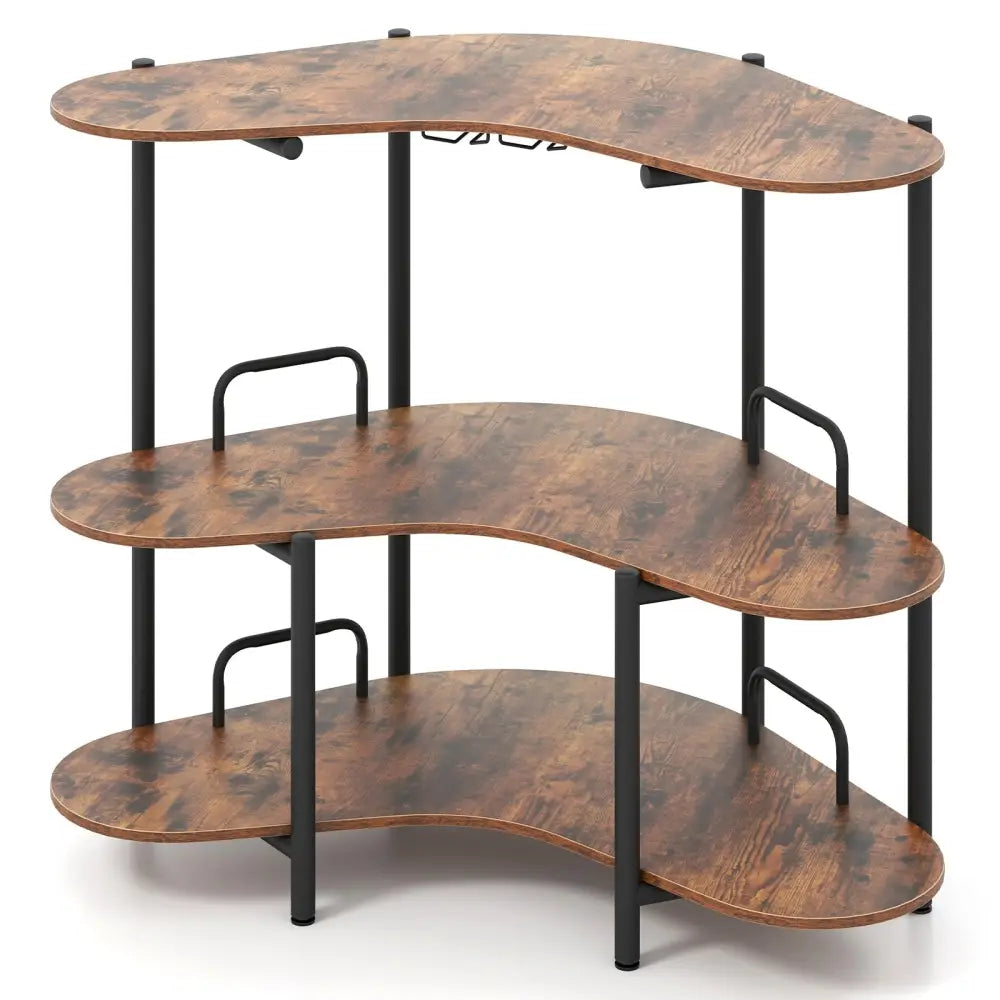 3-Tier Liquor Bar Table with Stemware Racks and Storage Shelves-Rustic Brown Costway