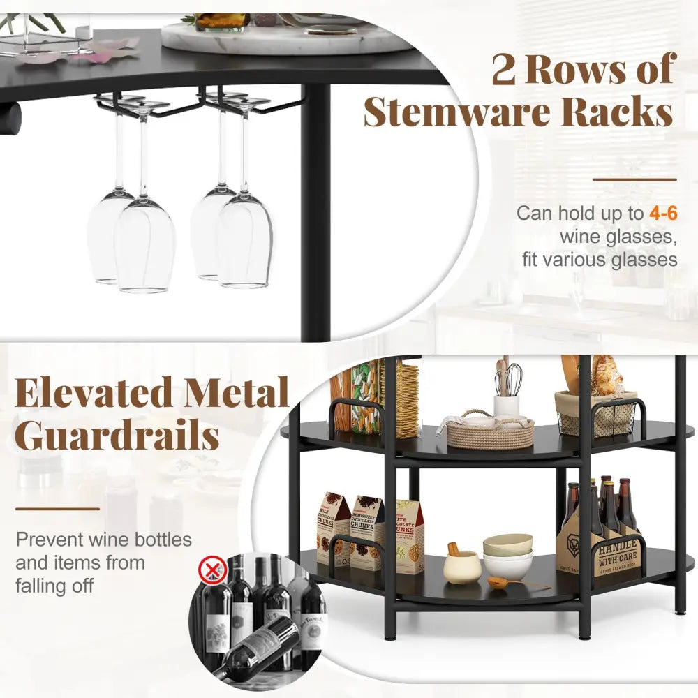 3-Tier Liquor Bar Table with Stemware Racks and Storage Shelves-Black Costway