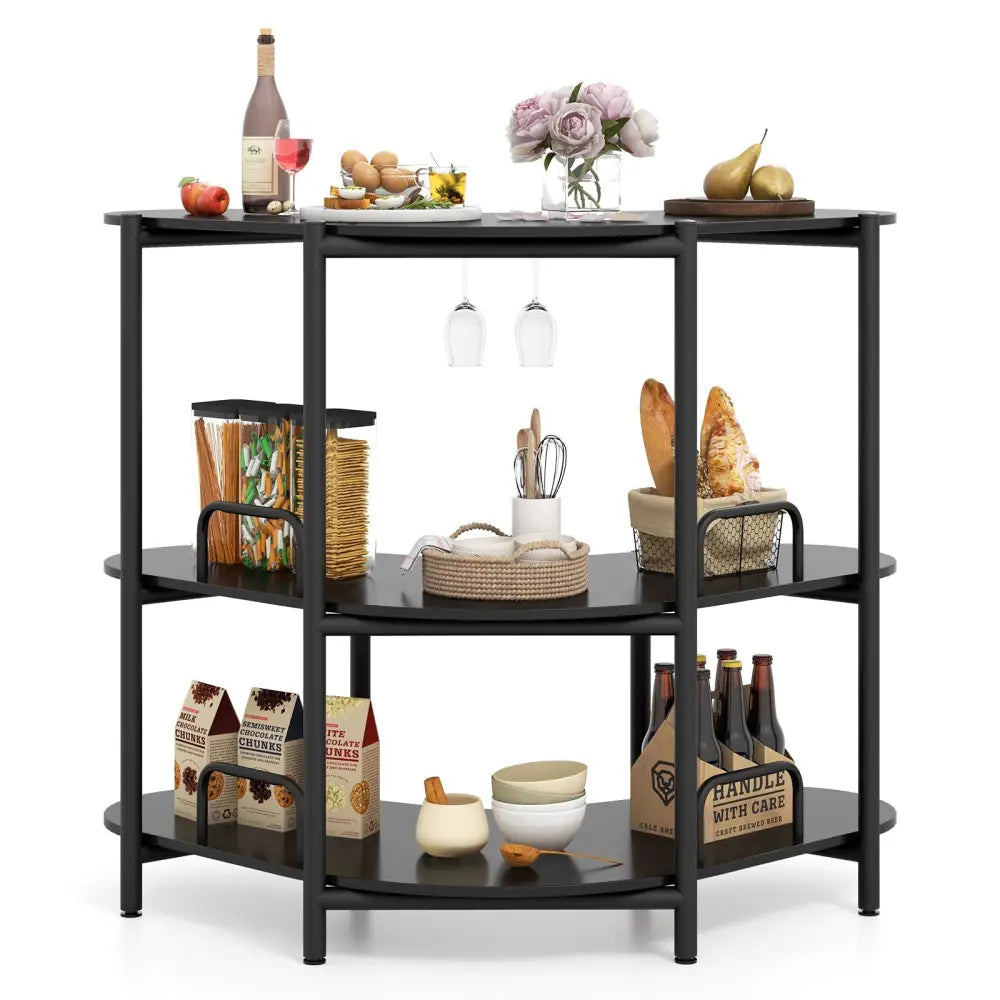 3-Tier Liquor Bar Table with Stemware Racks and Storage Shelves-Black Costway