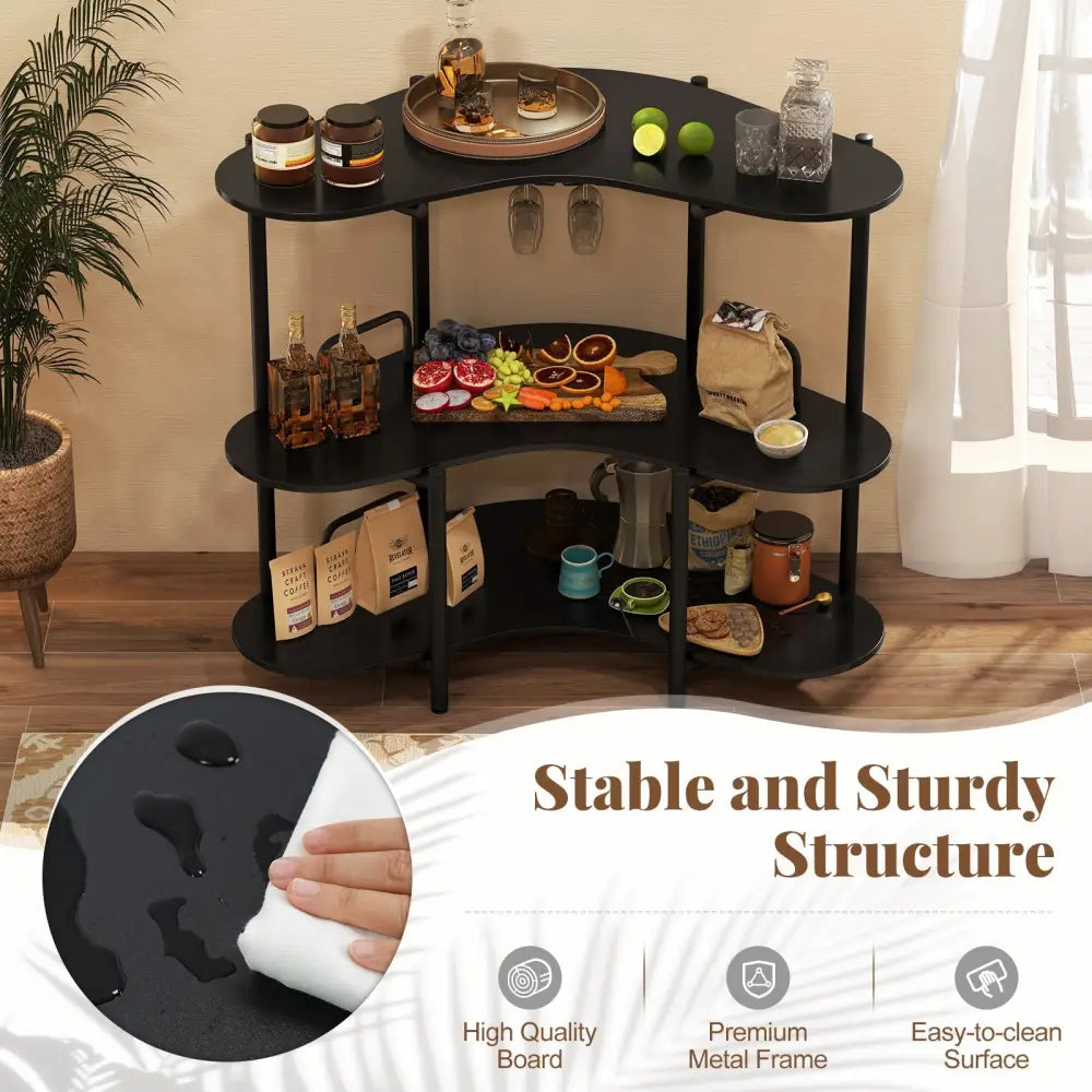 3-Tier Liquor Bar Table with Stemware Racks and Storage Shelves-Black Costway
