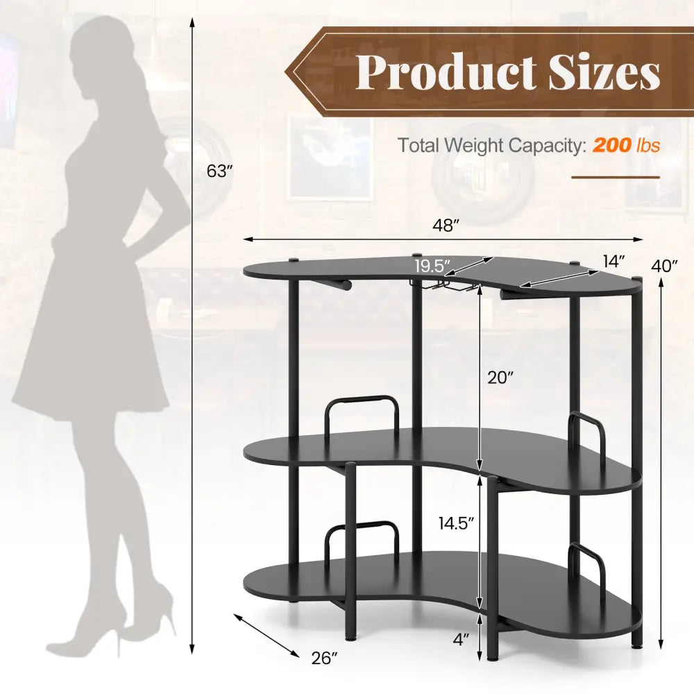 3-Tier Liquor Bar Table with Stemware Racks and Storage Shelves-Black Costway