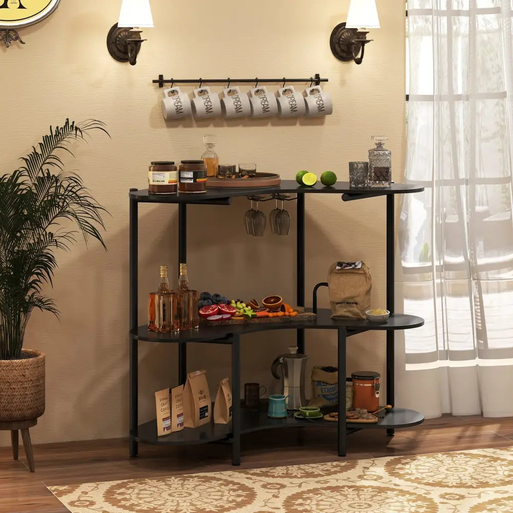3-Tier Liquor Bar Table with Stemware Racks and Storage Shelves-Black Costway