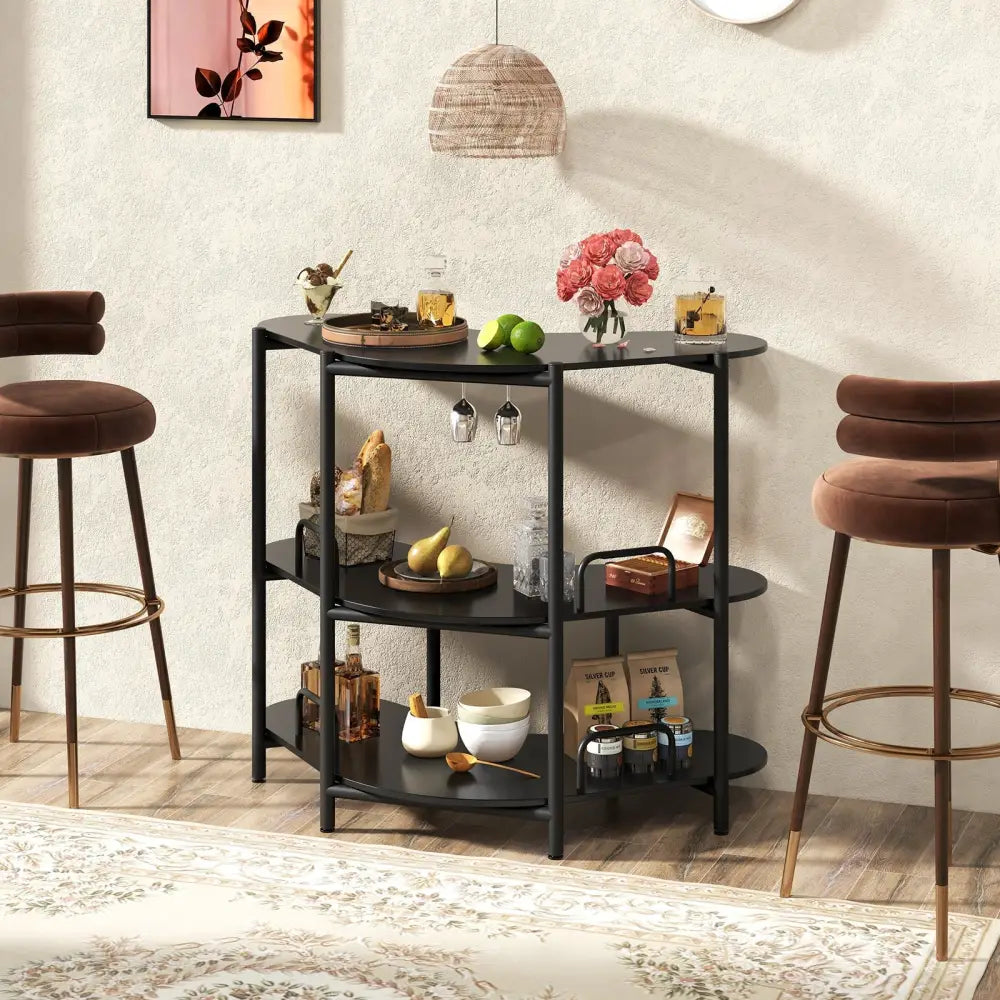 3-Tier Liquor Bar Table with Stemware Racks and Storage Shelves-Black Costway