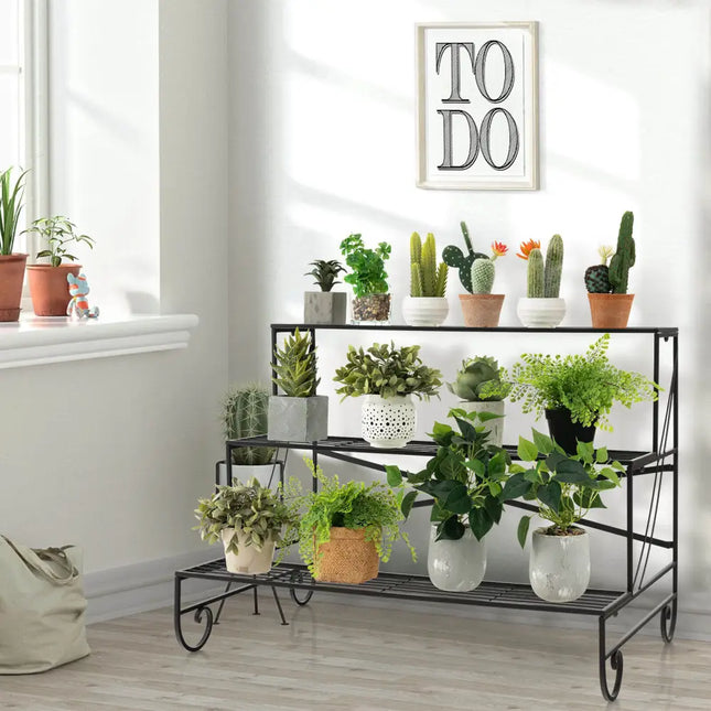 3-Tier Mental Plant Stand with Grid Shelf - Black - Plant Stands