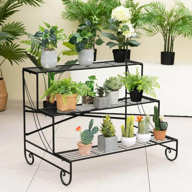 3-Tier Mental Plant Stand with Grid Shelf - Black - Plant Stands