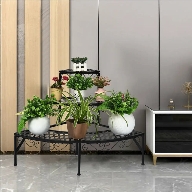 3 Tier Metal Corner Plant Display Rack - Black - Plant Stands