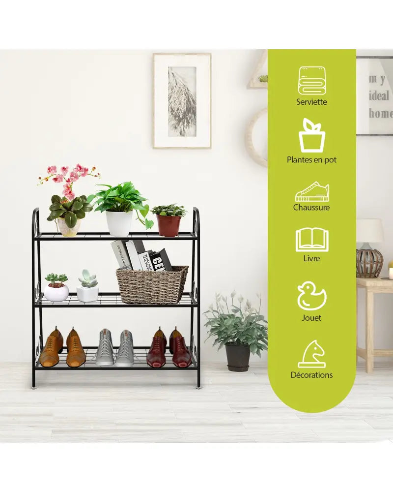 3-Tier Metal Plant Stand Shelf Display Rack for Plants Shoes Flower Pot - Black - Plant Stands