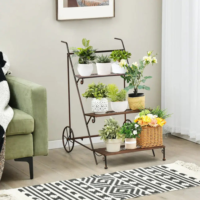 3-Tier Metal Plant Stand with Wheels and Handle for Balcony - Black - Plant Stands