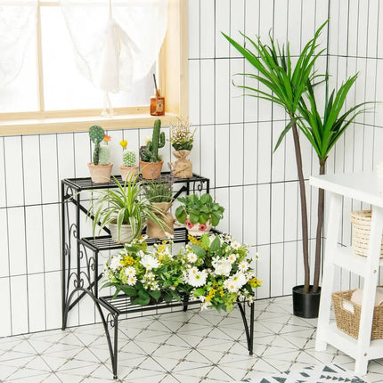 3-Tier Metal Plant Stand with Widened Grid Shelf for Porch Garden-Black - Black - Plant Stands