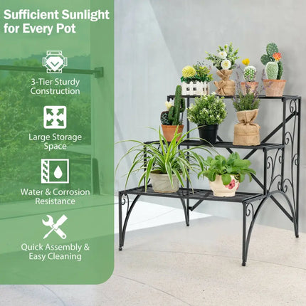 3-Tier Metal Plant Stand with Widened Grid Shelf for Porch Garden-Black - Black - Plant Stands
