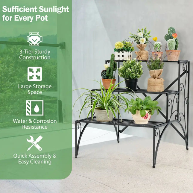 3-Tier Metal Plant Stand with Widened Grid Shelf for Porch Garden-Black - Black - Plant Stands
