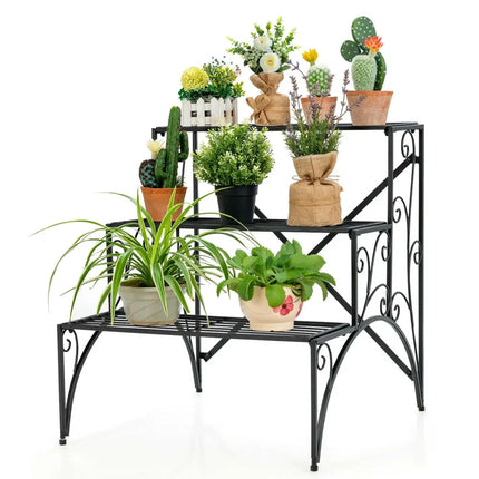 3-Tier Metal Plant Stand with Widened Grid Shelf for Porch Garden-Black - Black - Plant Stands