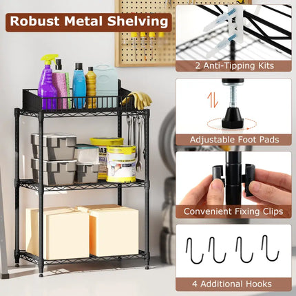 3-Tier Metal Storage Shelving Unit Set of 2 with V-Shaped Wire Rack-Black - Black - Garages