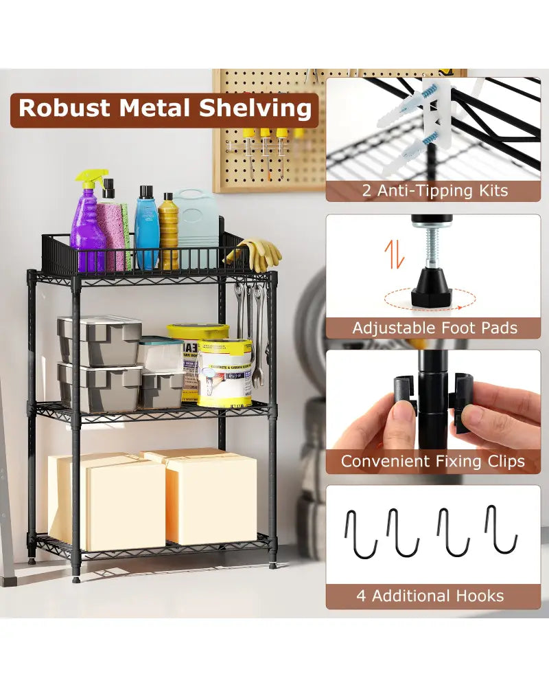 3-Tier Metal Storage Shelving Unit Set of 2 with V-Shaped Wire Rack-Black - Black - Garages
