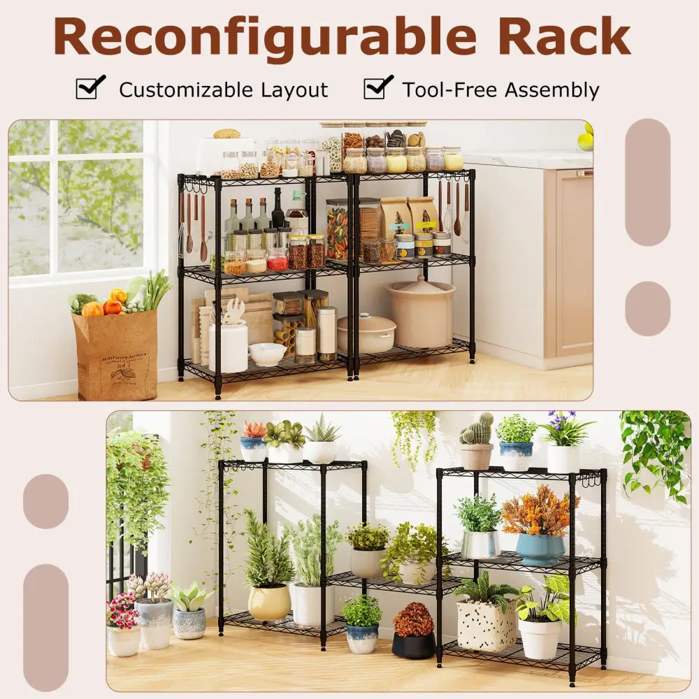 3-Tier Metal Storage Shelving Unit Set of 2 with V-Shaped Wire Rack-Black - Black - Garages