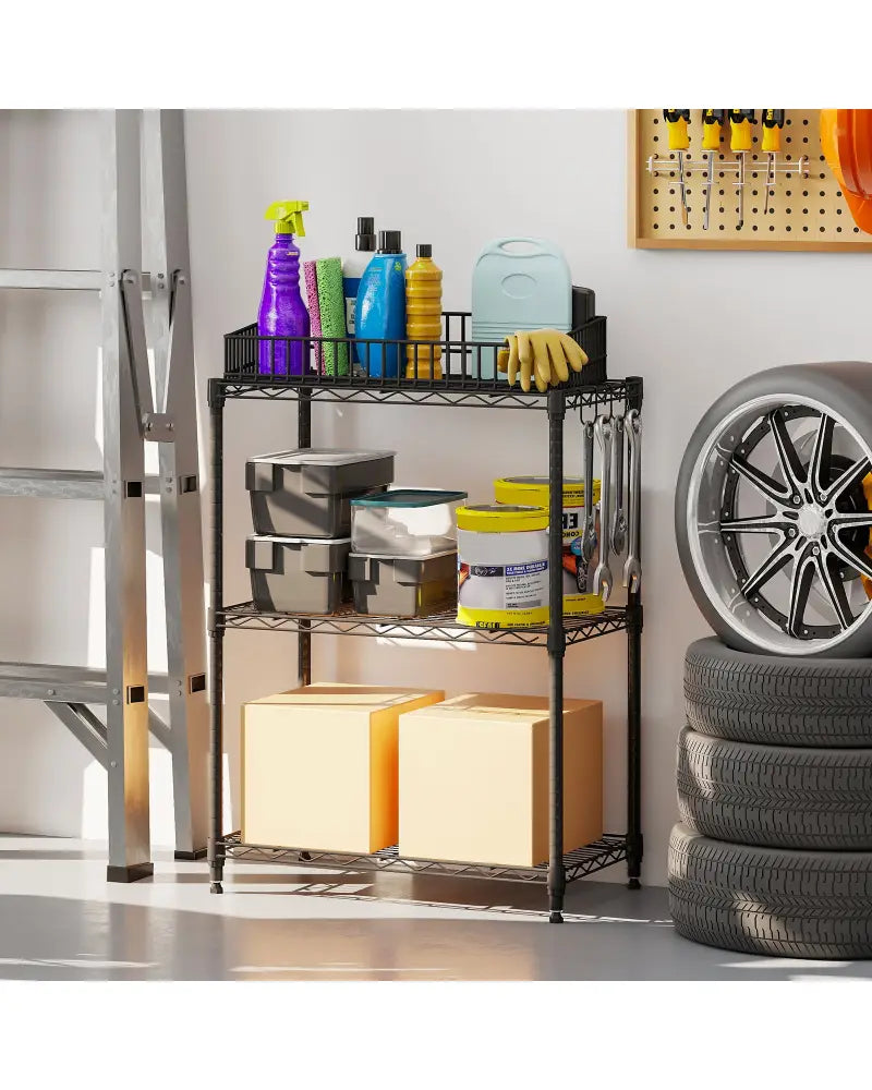 3-Tier Metal Storage Shelving Unit Set of 2 with V-Shaped Wire Rack-Black - Black - Garages
