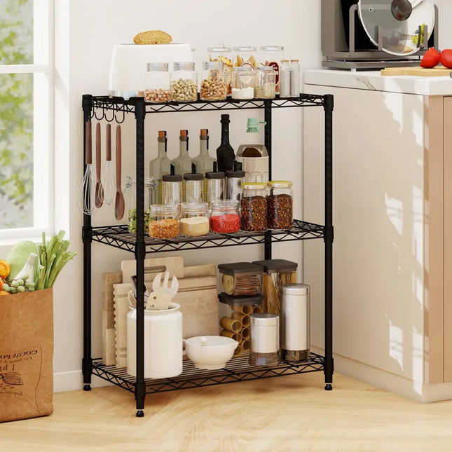 3-Tier Metal Storage Shelving Unit with V-Shaped Wire Rack and 450 LBS Capacity-Black - Black - Garages