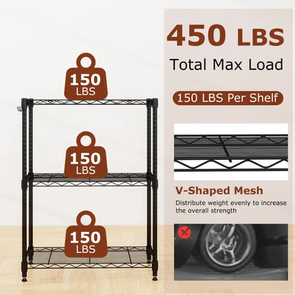 3-Tier Metal Storage Shelving Unit with V-Shaped Wire Rack and 450 LBS Capacity-Black - Black - Garages