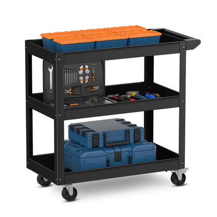 3-Tier Metal Utility Cart Trolley Tool with Flat Handle and 2 Lockable Universal Wheels-Black - Black - Garages