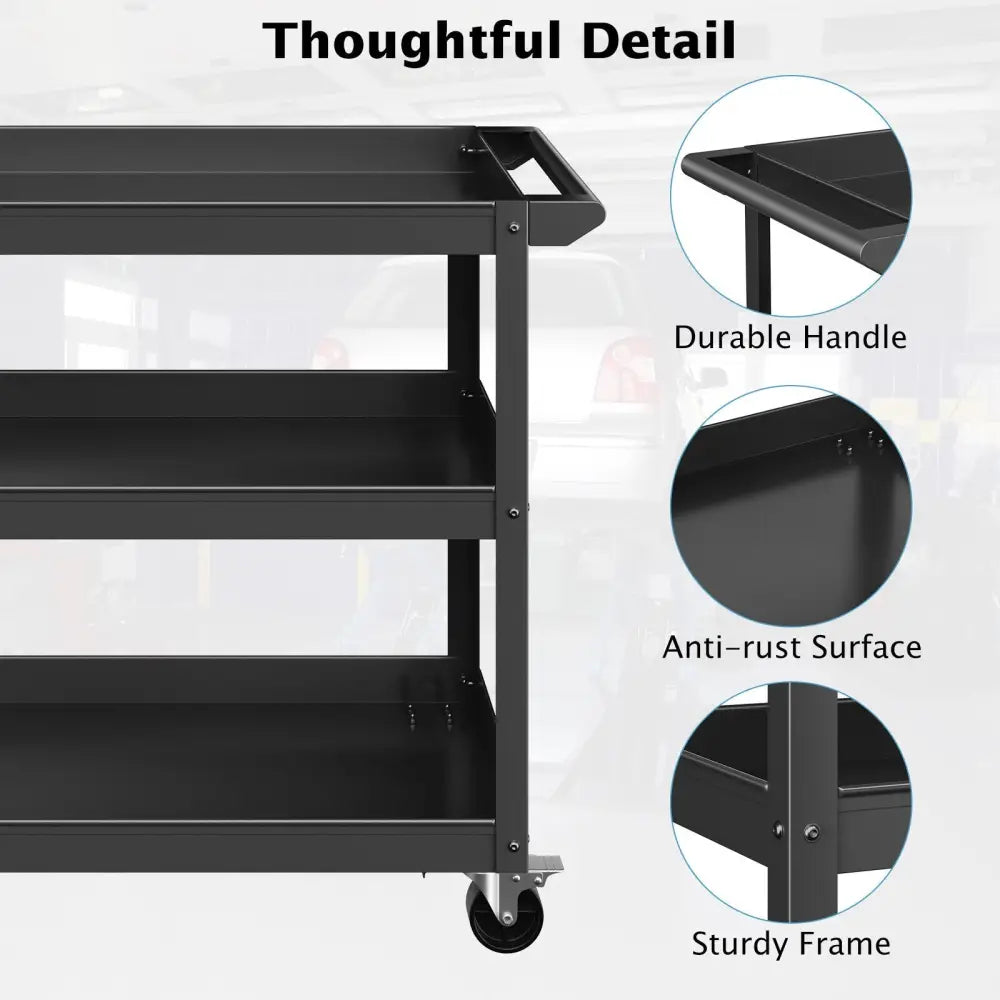 3-Tier Metal Utility Cart Trolley Tool with Flat Handle and 2 Lockable Universal Wheels-Black - Black - Garages