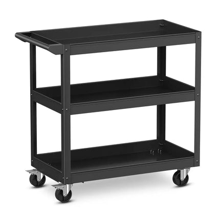 3-Tier Metal Utility Cart Trolley Tool with Flat Handle and 2 Lockable Universal Wheels-Black - Black - Garages