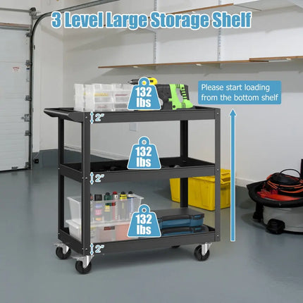 3-Tier Metal Utility Cart Trolley Tool with Flat Handle and 2 Lockable Universal Wheels-Black - Black - Garages