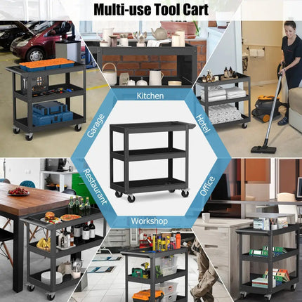 3-Tier Metal Utility Cart Trolley Tool with Flat Handle and 2 Lockable Universal Wheels-Black - Black - Garages