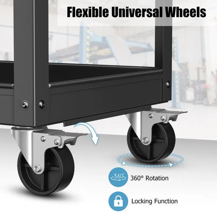 3-Tier Metal Utility Cart Trolley Tool with Flat Handle and 2 Lockable Universal Wheels-Black - Black - Garages